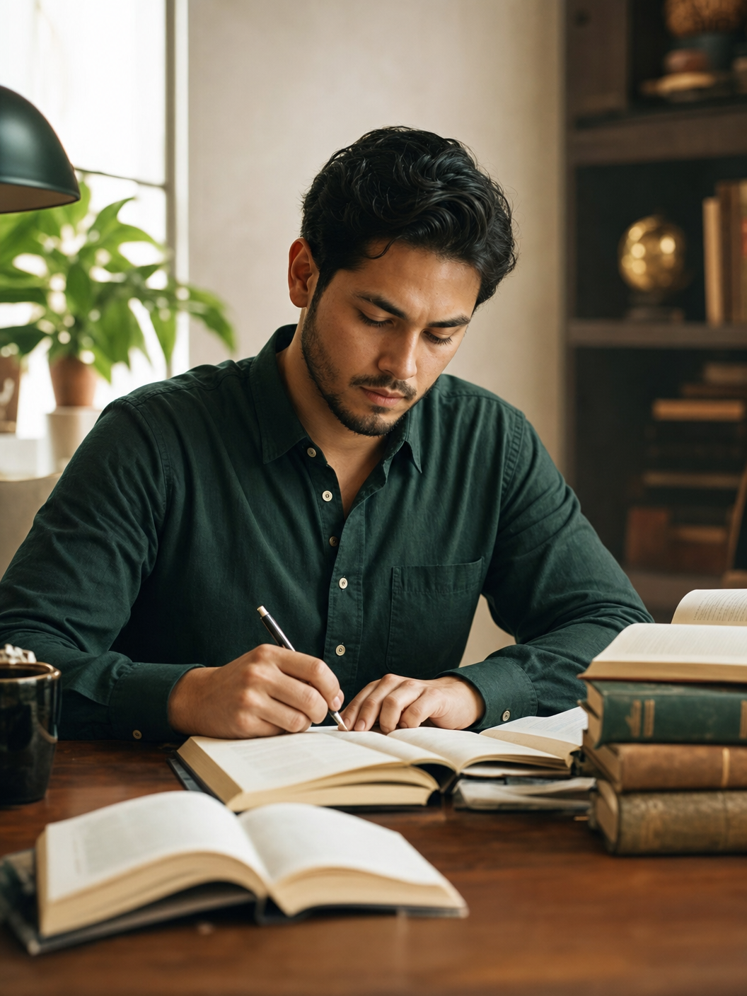 Persona estudiando y construyendo creencias con libros y determinación
